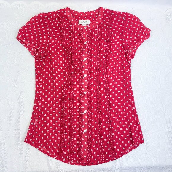 Ann Taylor LOFT Flirty Blouse Polkadot Red Business Casual Button Down Lady Bug - Picture 2 of 9